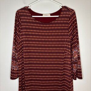 GILLI Patterned Dress Womans 1X Stretch Brown Plus Knee-Length